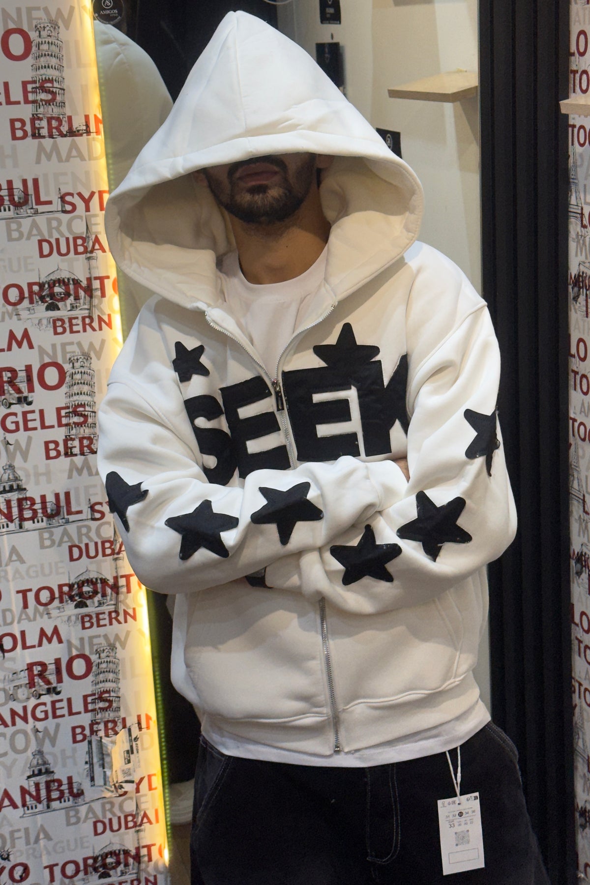 White "SEEK" Star Sleeve Zip/Pullover Hoodie