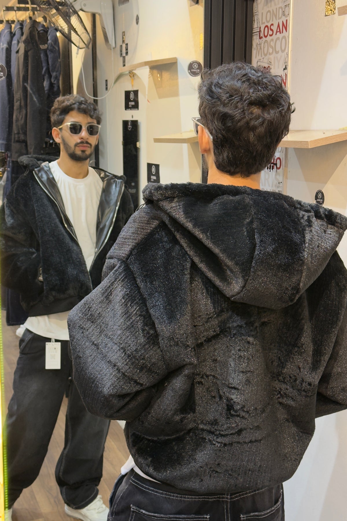 Oversized Black Faux-Fur Hooded Bomber Jacket