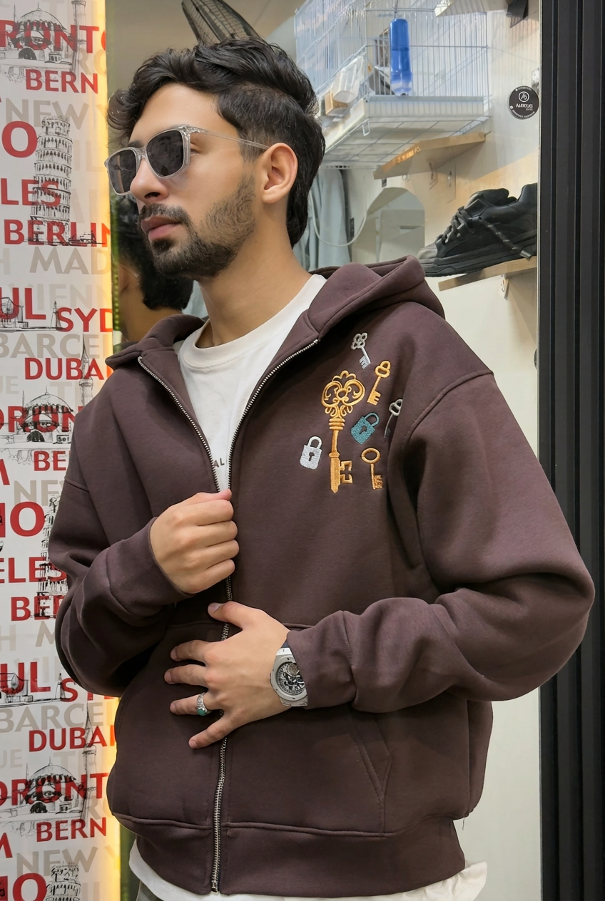 Key Graphic Zip-Up Hoodie (BROWN)