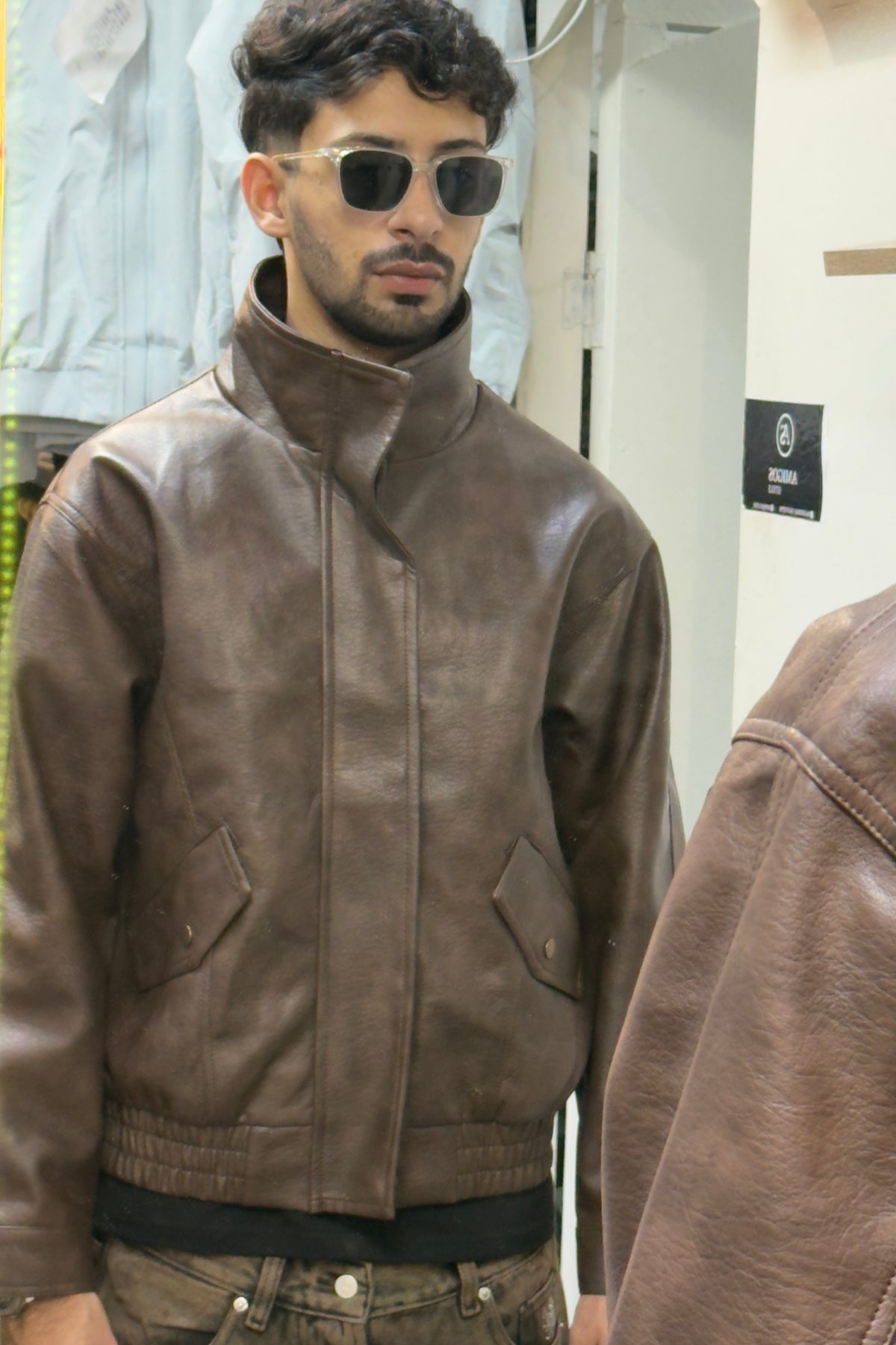 Brown Distressed Faux Leather Bomber Jacket