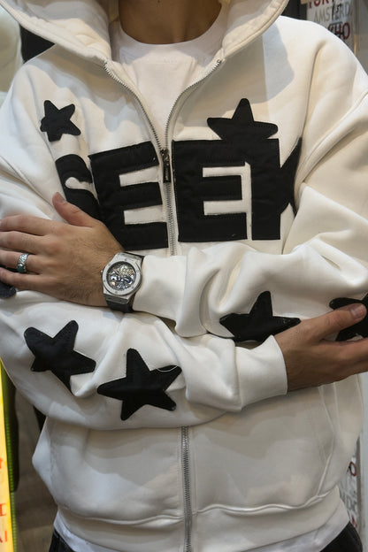 White "SEEK" Star Sleeve Zip/Pullover Hoodie