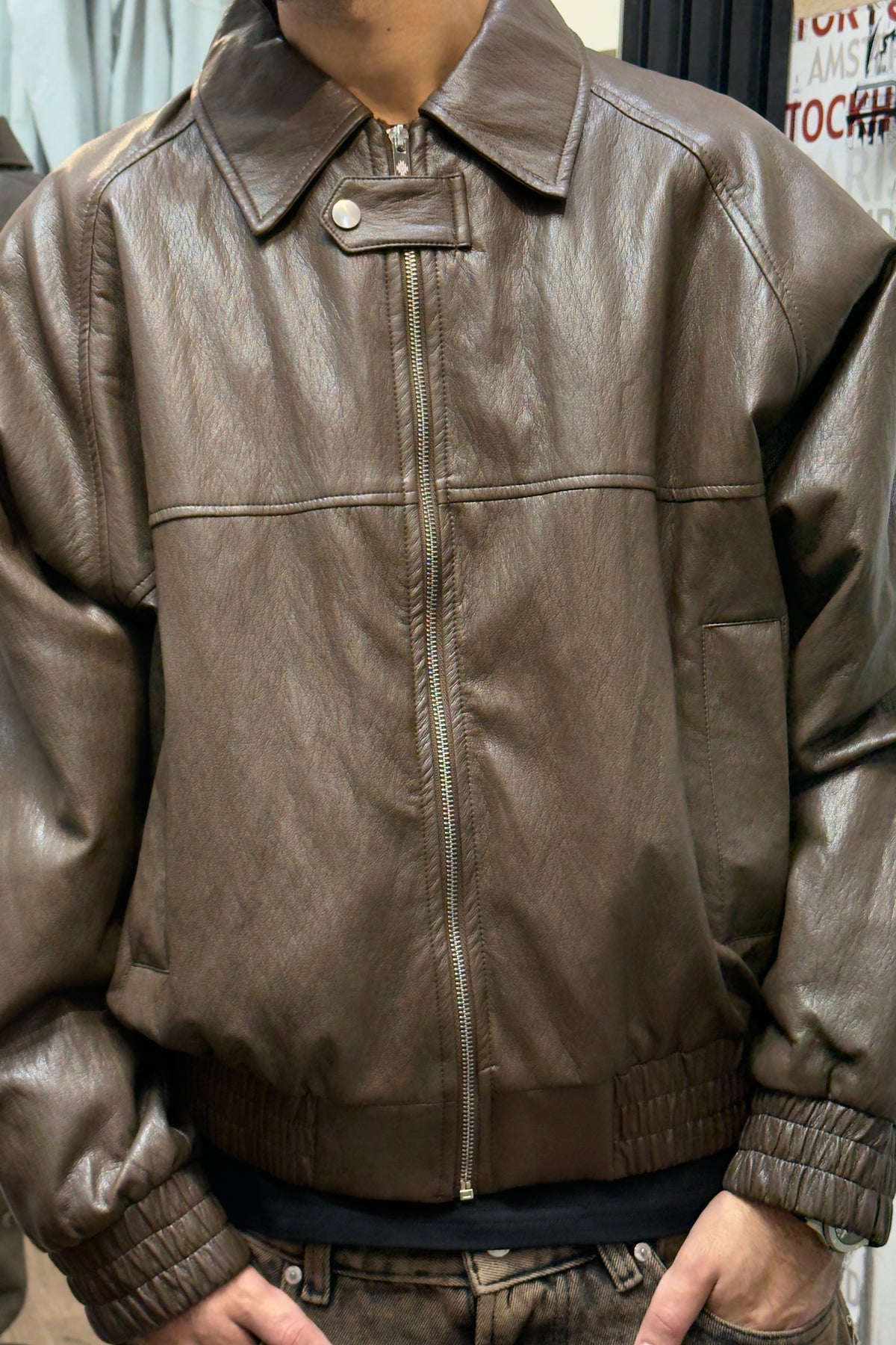 BRENZ Brown Cropped Leather Bomber Jacket