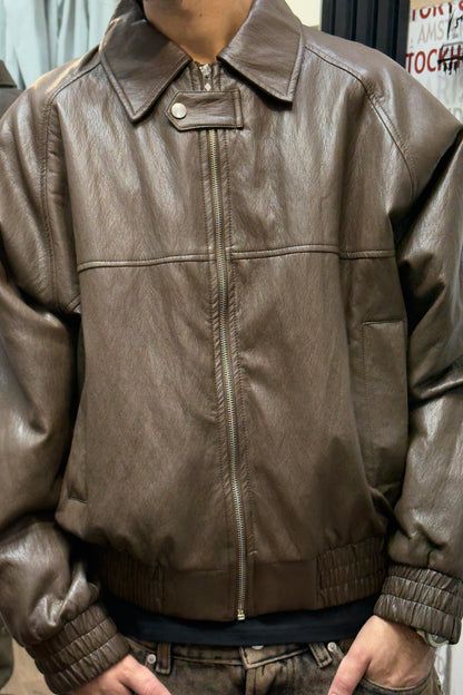 BRENZ Brown Cropped Leather Bomber Jacket