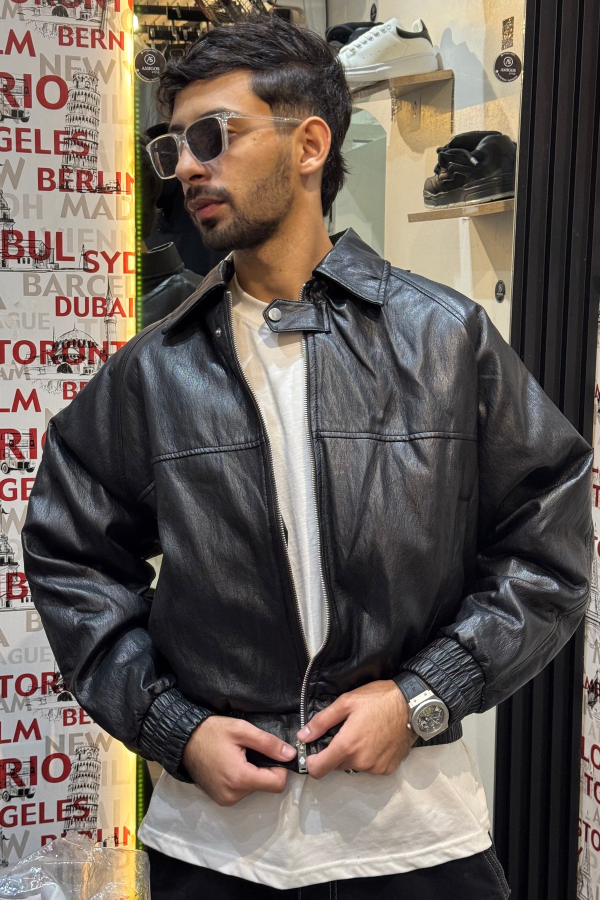 Brenz Black Leather Aviator Bomber Jacket