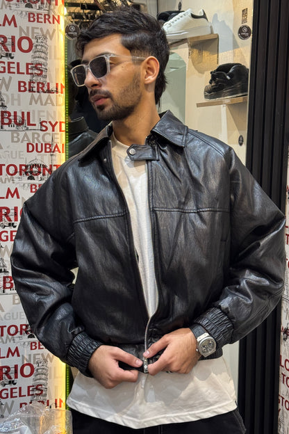 Brenz Black Leather Aviator Bomber Jacket