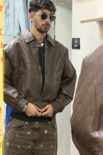BRENZ Brown Cropped Leather Bomber Jacket