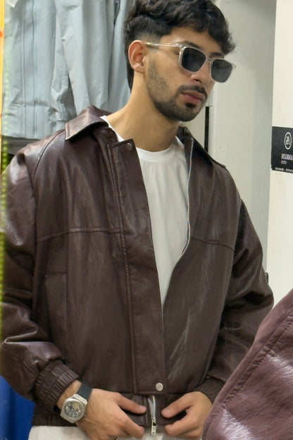 Burgundy Leather Bomber Jacket