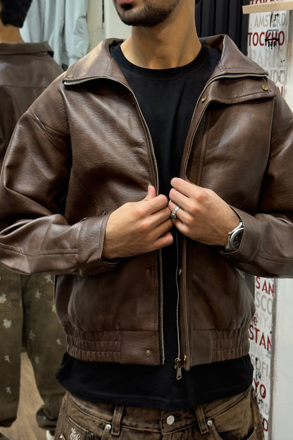 Brown Distressed Faux Leather Bomber Jacket