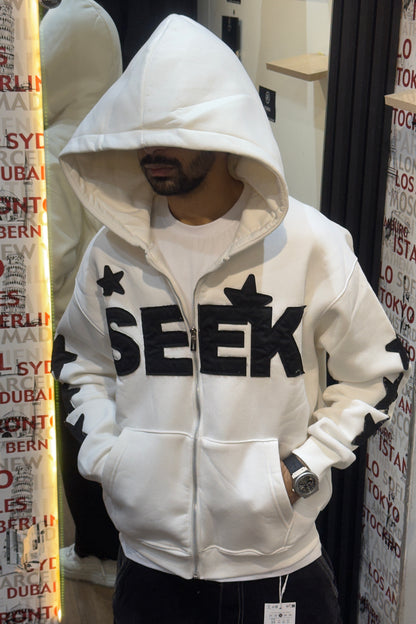 White "SEEK" Star Sleeve Zip/Pullover Hoodie