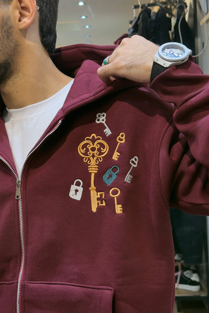 Key Graphic Zip-Up Hoodie (BURGUNDY)
