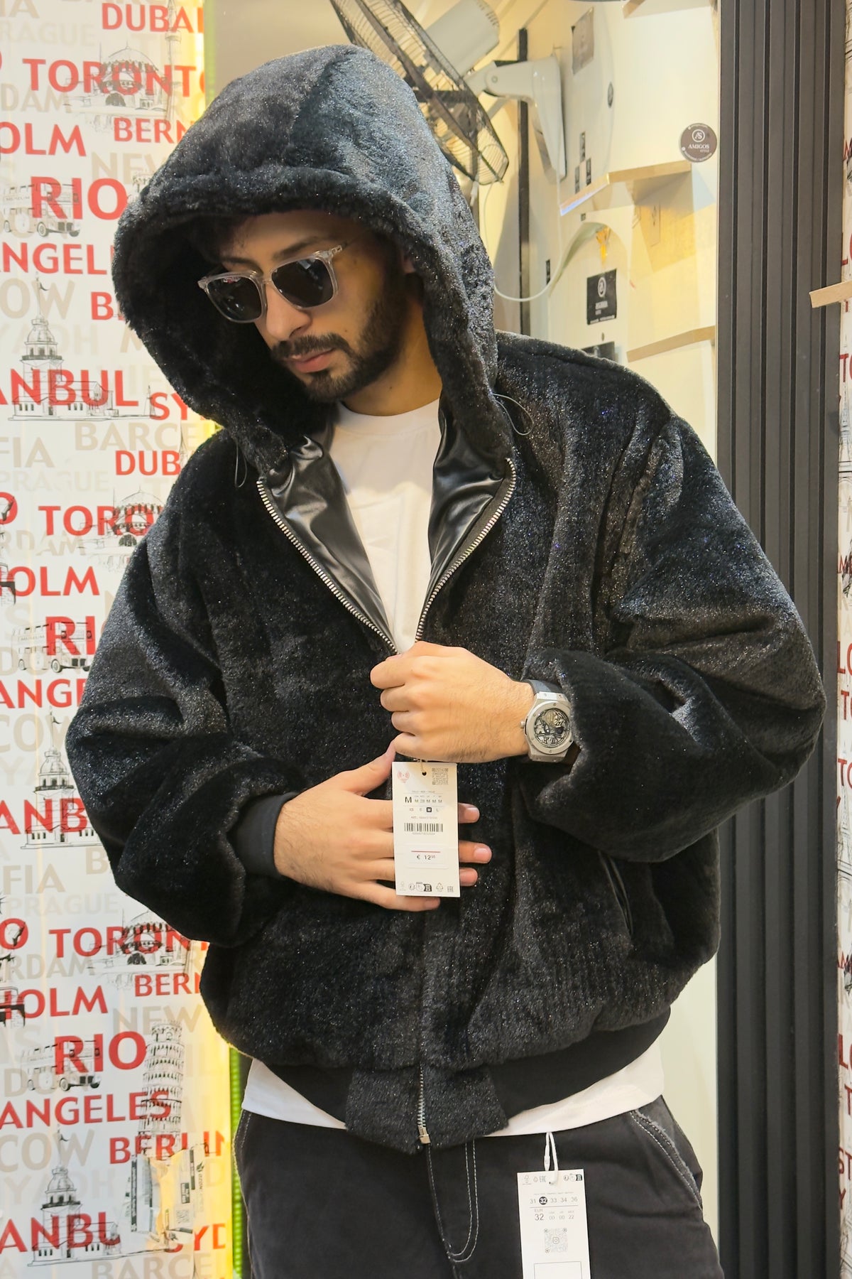 Oversized Black Faux-Fur Hooded Bomber Jacket