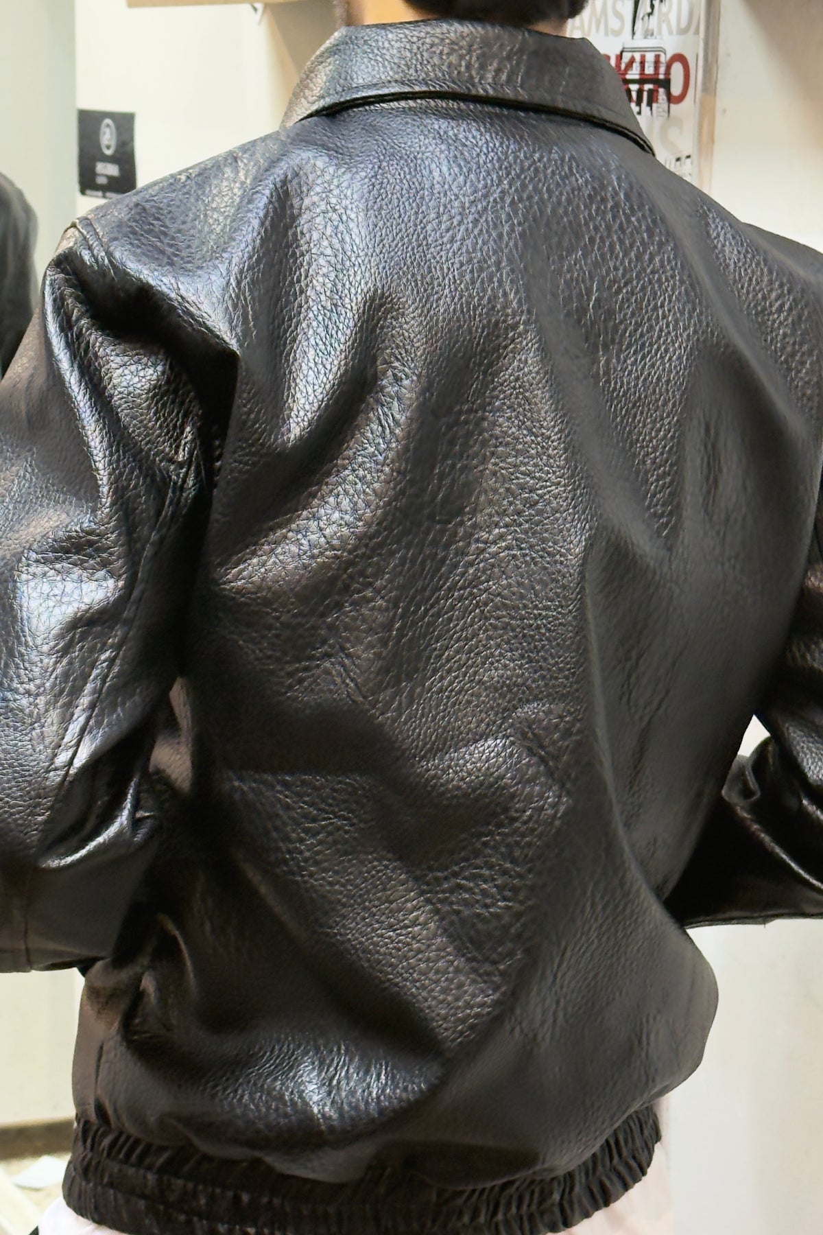 Black Grainy Leather Bomber Jacket