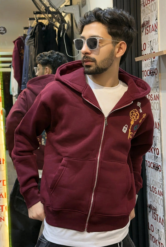 Key Graphic Zip-Up Hoodie (BURGUNDY)