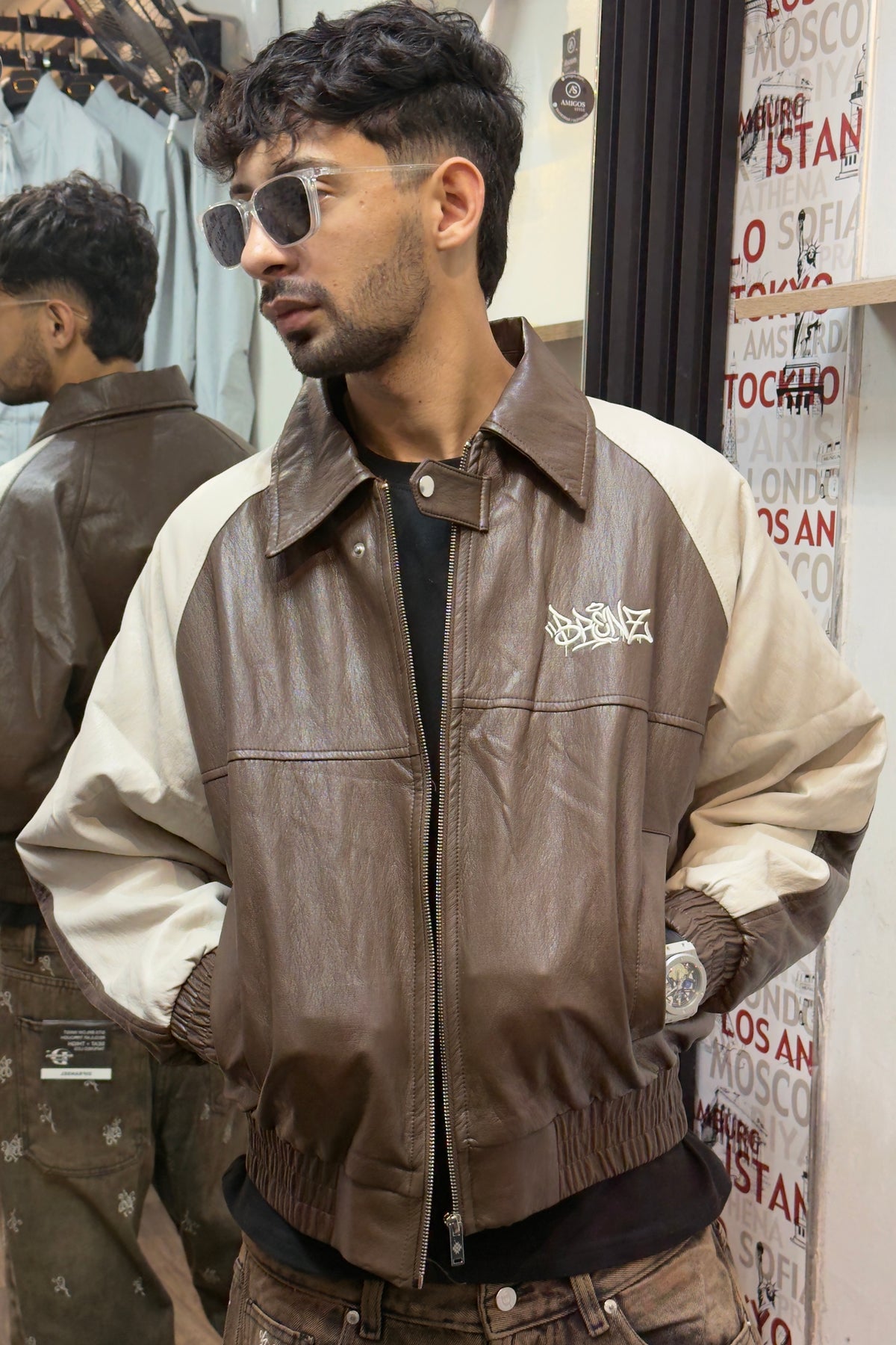 Two-Tone Leather Bomber Jacket