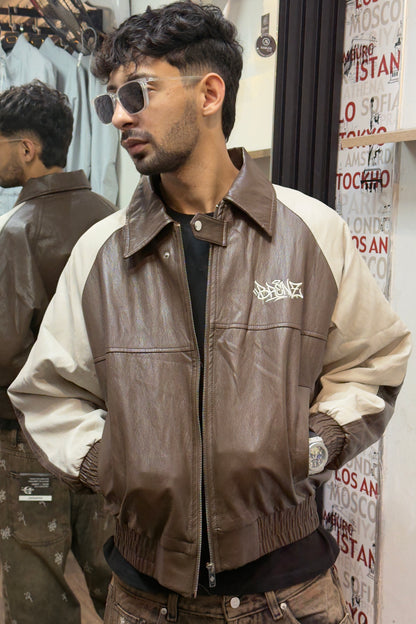 Two-Tone Leather Bomber Jacket