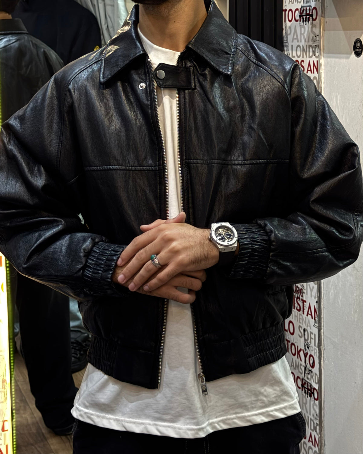Brenz Black Leather Aviator Bomber Jacket