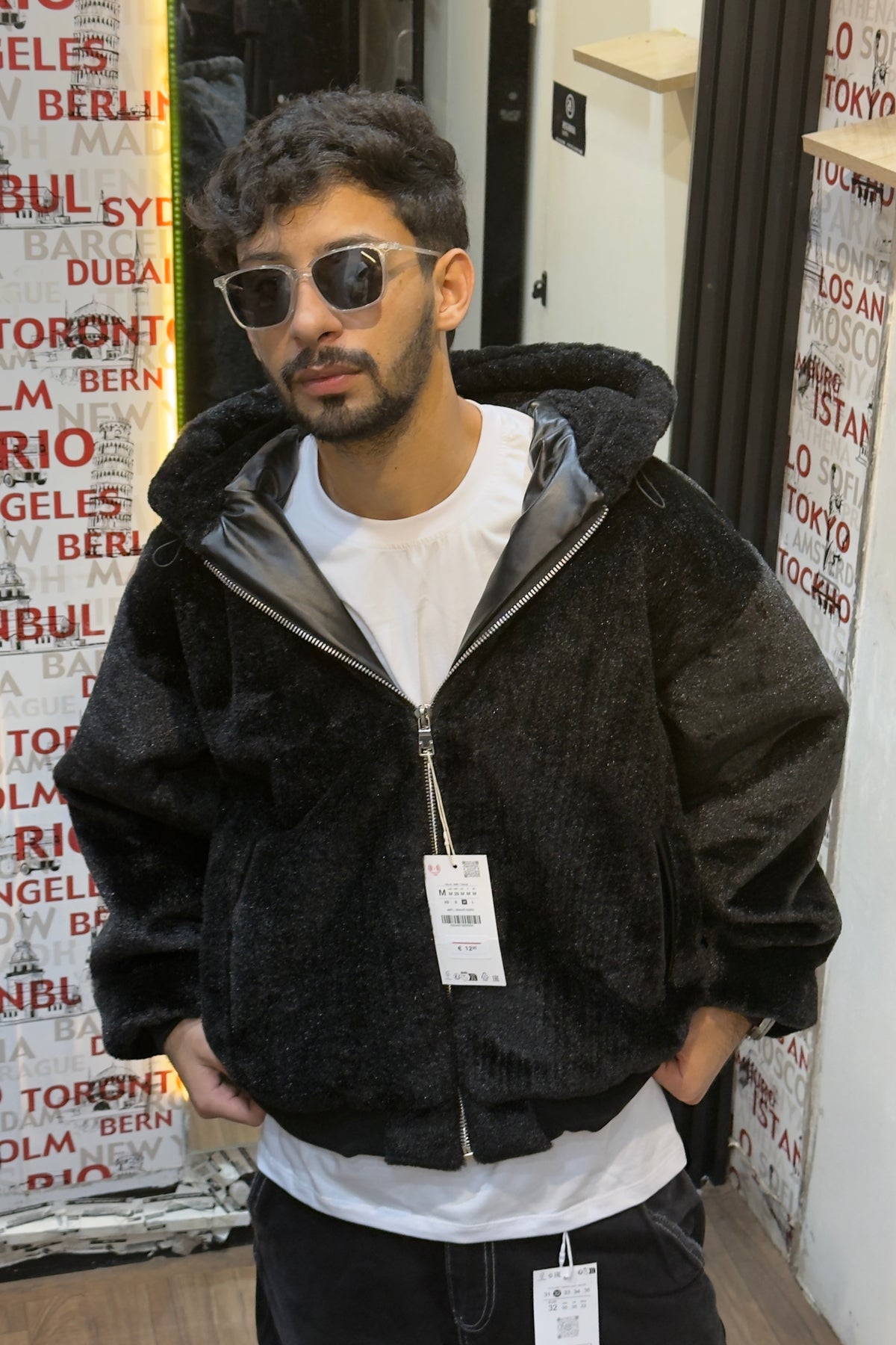 Oversized Black Faux-Fur Hooded Bomber Jacket