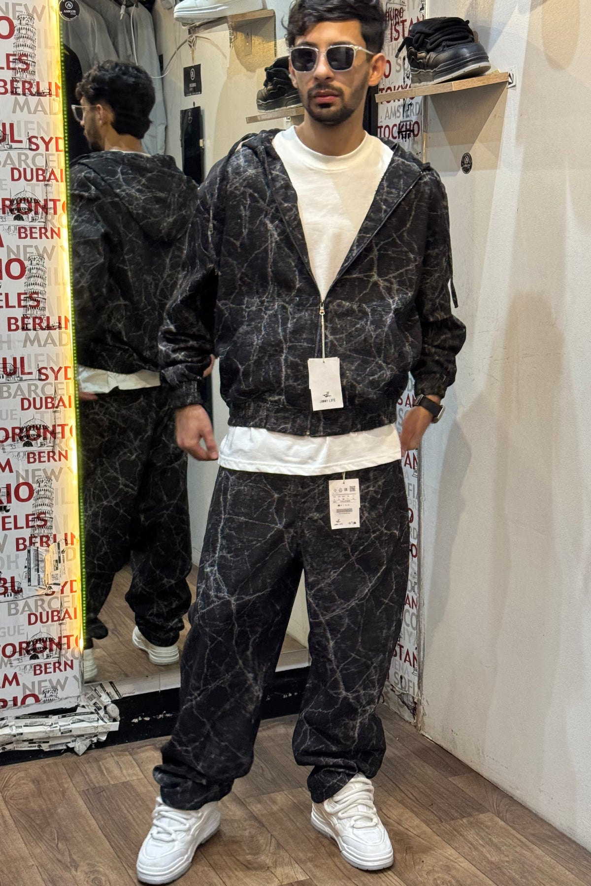 Black Marble Effect Denim Set