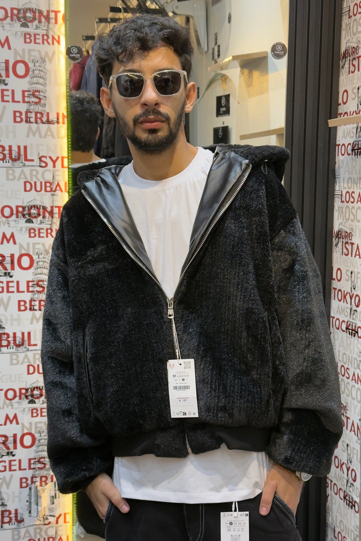 Oversized Black Faux-Fur Hooded Bomber Jacket