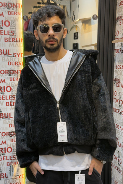 Oversized Black Faux-Fur Hooded Bomber Jacket