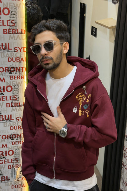 Key Graphic Zip-Up Hoodie (BURGUNDY)