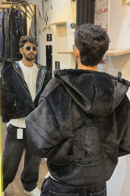Oversized Black Faux-Fur Hooded Bomber Jacket