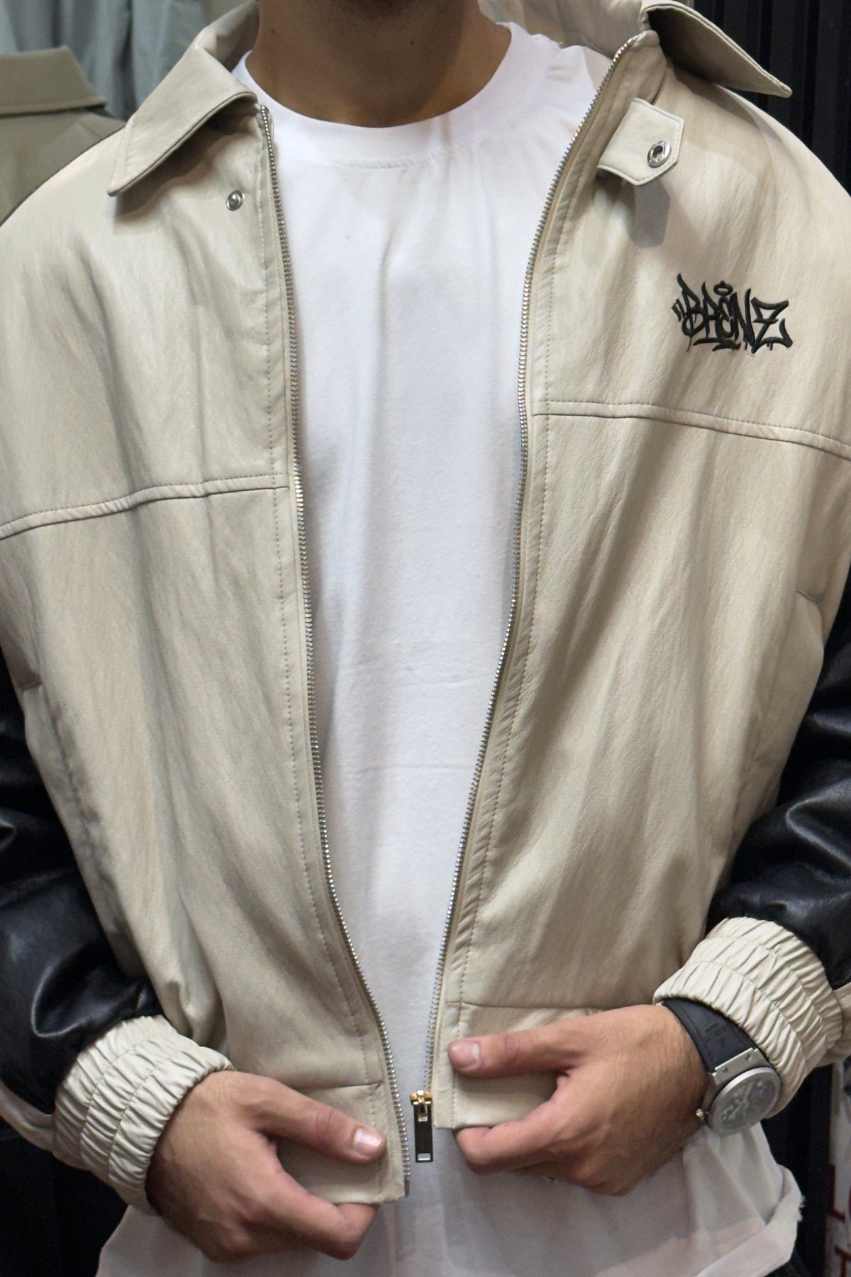 BRENZ Cream & Black Varsity Leather Jacket