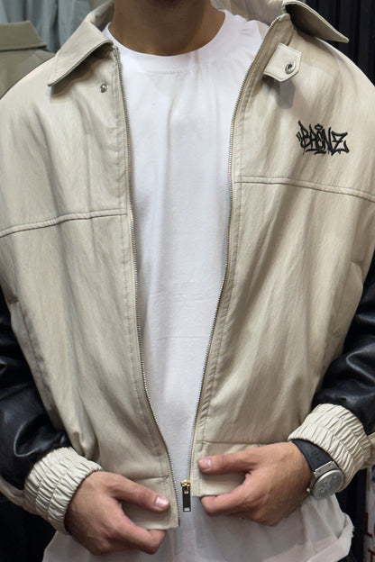 BRENZ Cream & Black Varsity Leather Jacket