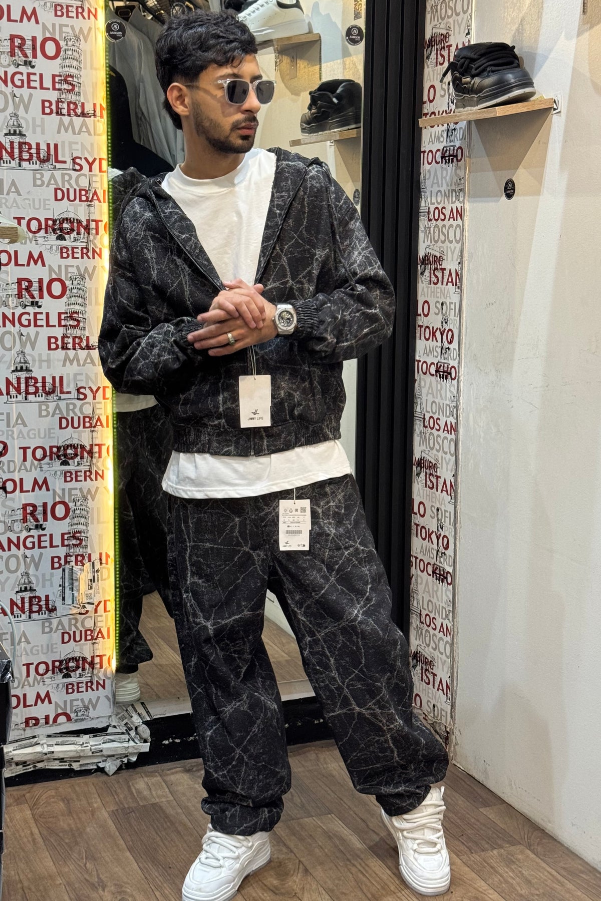 Black Marble Effect Denim Set