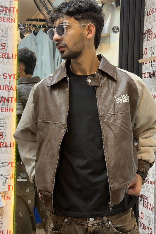 Two-Tone Leather Bomber Jacket