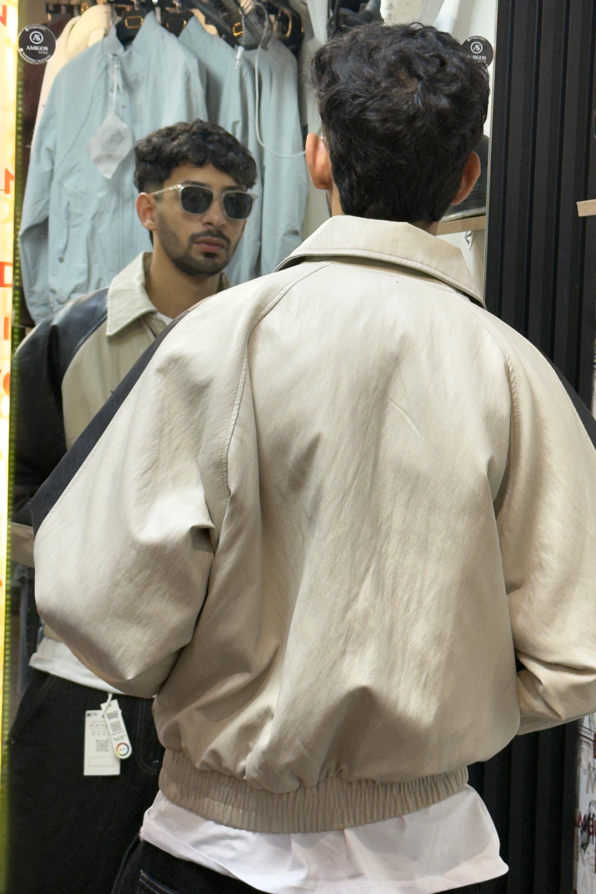 BRENZ Cream & Black Varsity Leather Jacket