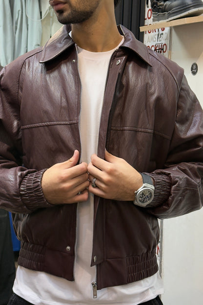 Burgundy Leather Bomber Jacket