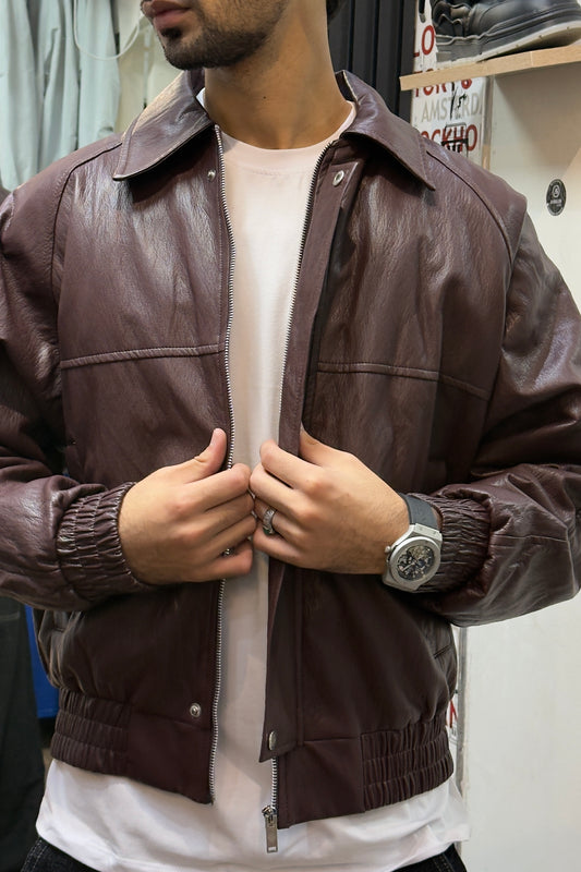 Burgundy Leather Bomber Jacket