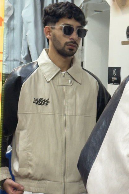 BRENZ Cream & Black Varsity Leather Jacket
