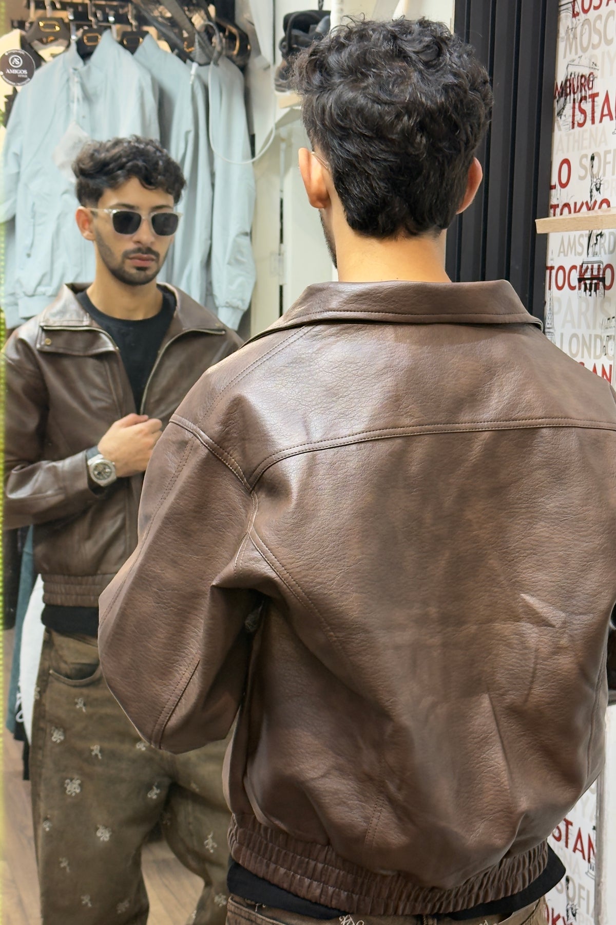 Brown Distressed Faux Leather Bomber Jacket