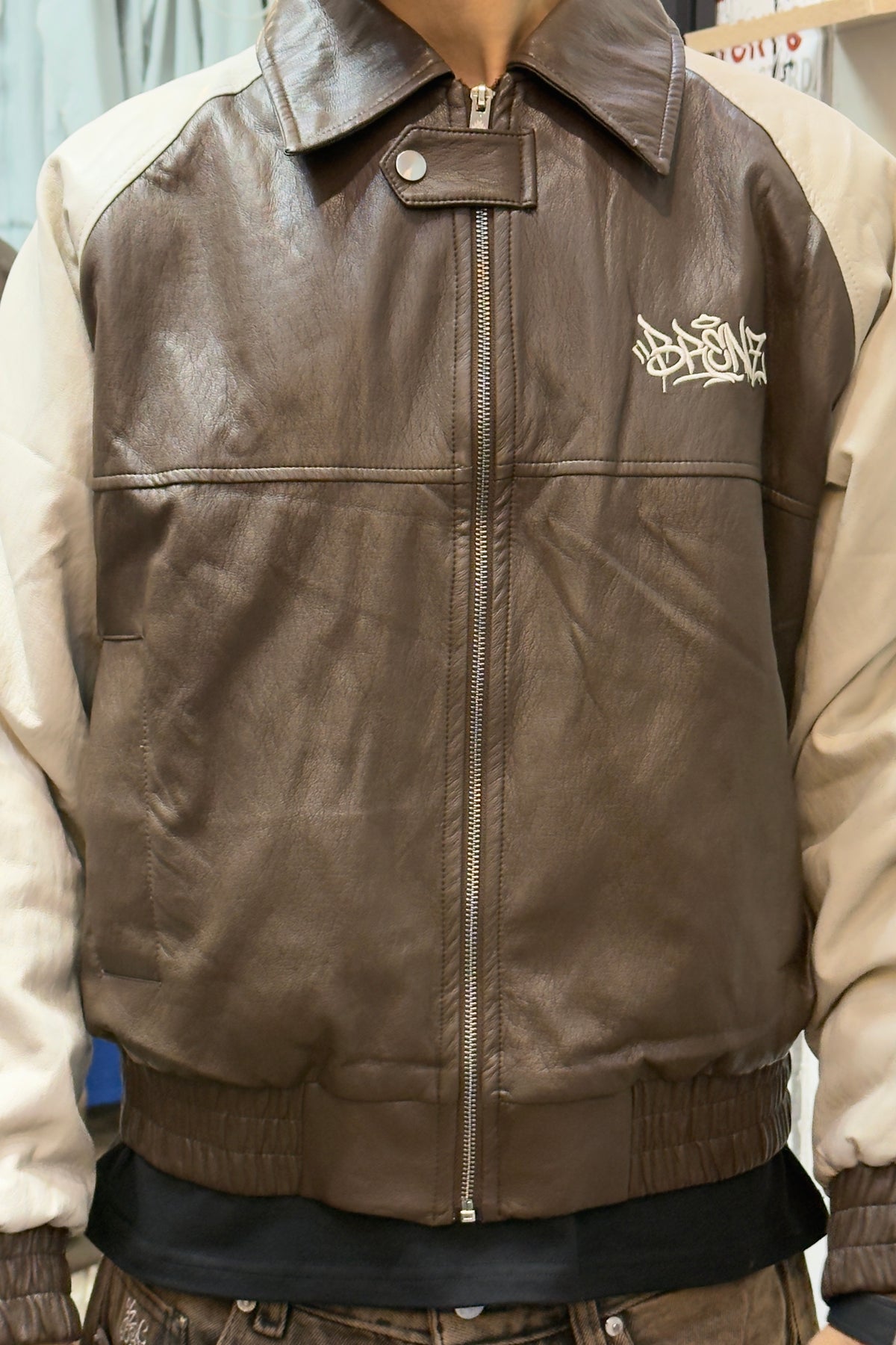 Two-Tone Leather Bomber Jacket