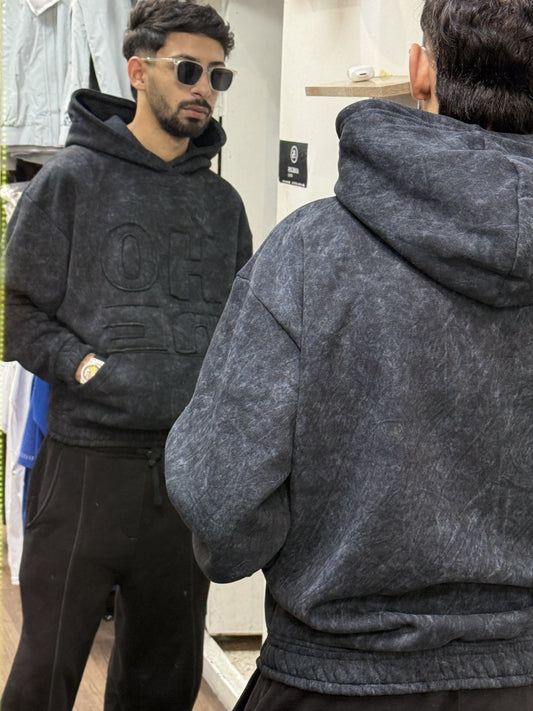 HOPE Dark Acid Wash Embossed Hoodie