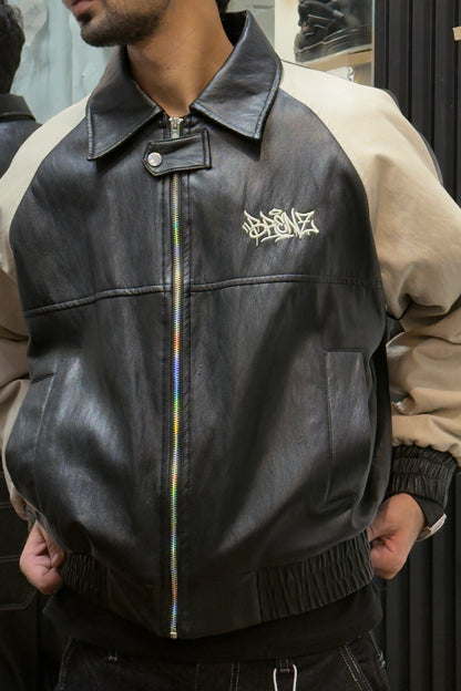 BRENZ Black & Cream Varsity Leather Jacket