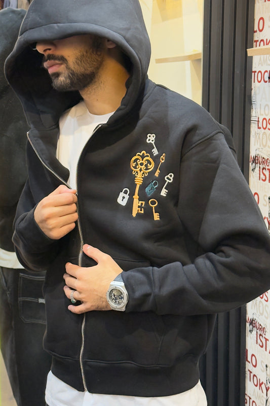Key Graphic Zip-Up Hoodie (BLACK)
