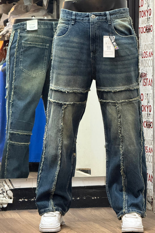 Distressed Raw-Hem Panelled Blue Denim Jeans