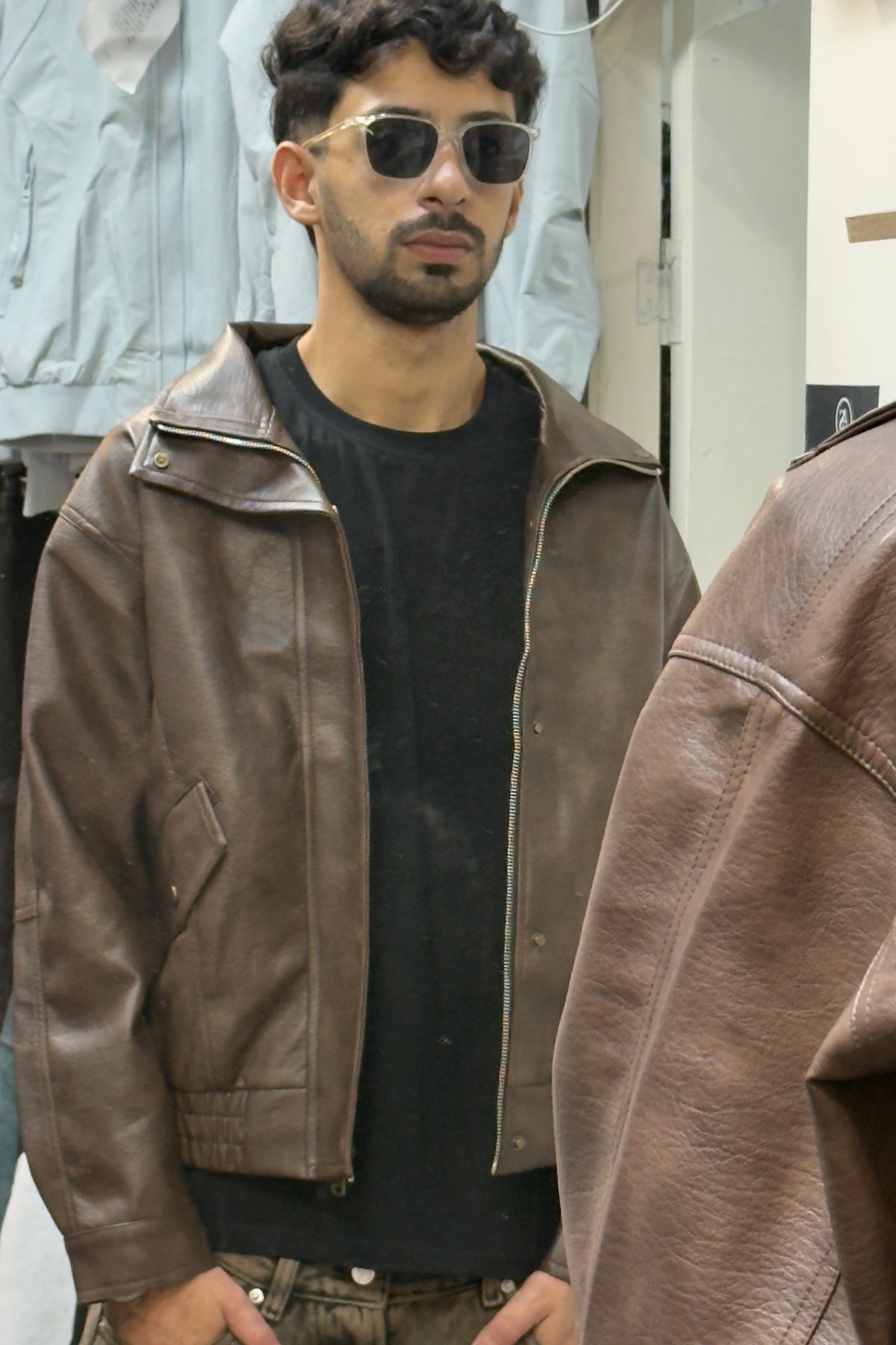 Brown Distressed Faux Leather Bomber Jacket