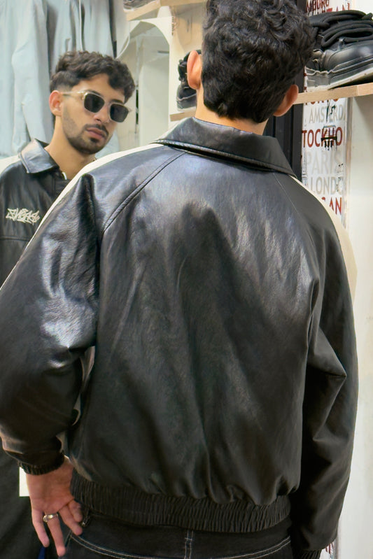 BRENZ Black & Cream Varsity Leather Jacket