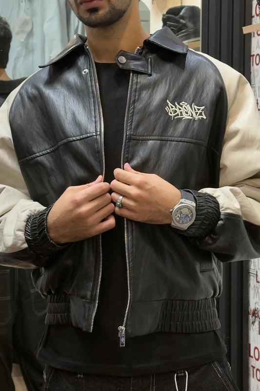 BRENZ Black & Cream Varsity Leather Jacket