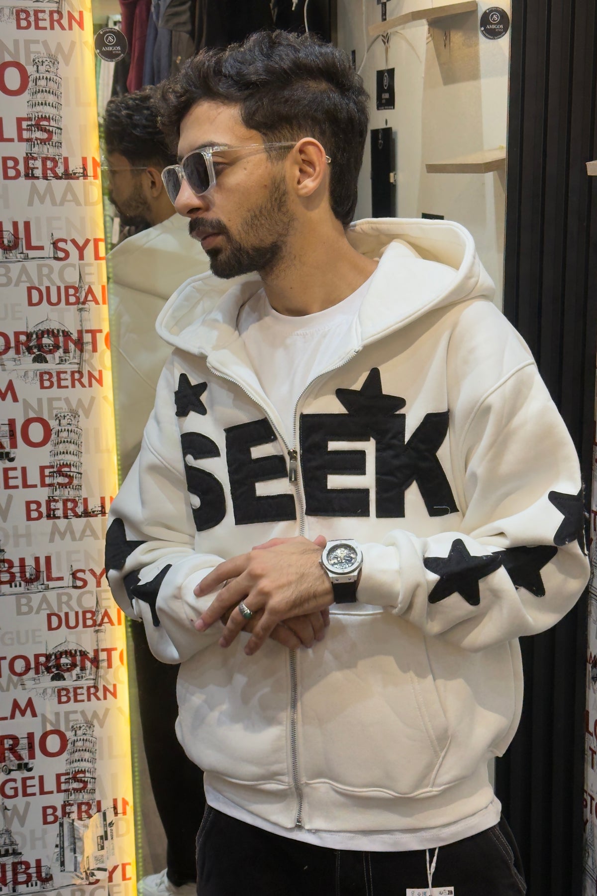 White "SEEK" Star Sleeve Zip/Pullover Hoodie