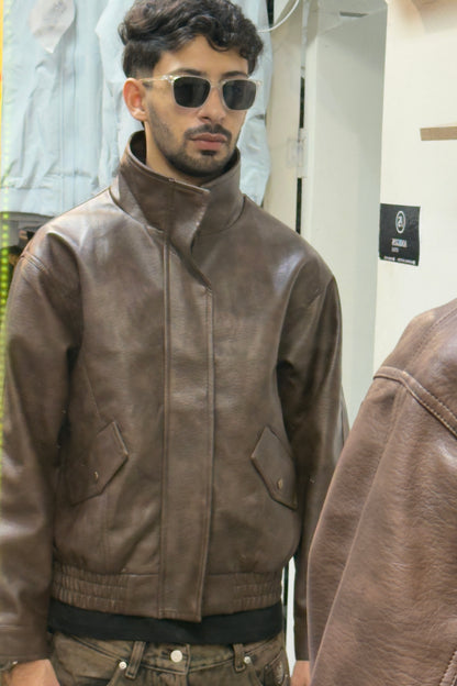 Brown Distressed Faux Leather Bomber Jacket