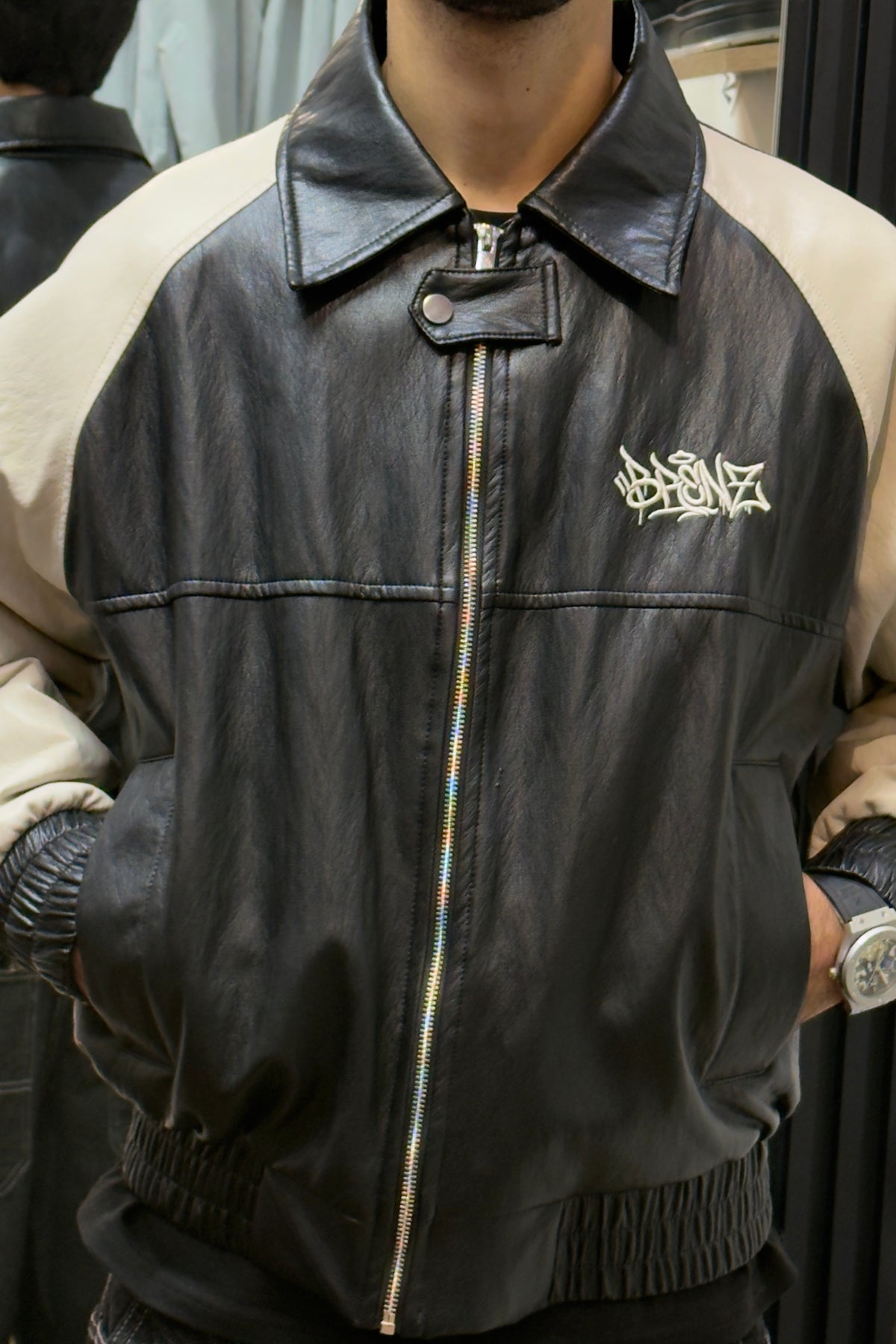 BRENZ Black & Cream Varsity Leather Jacket
